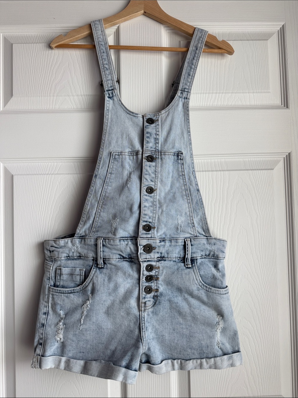 Light Wash Denim Short Overalls - Women's Light Blue Romper